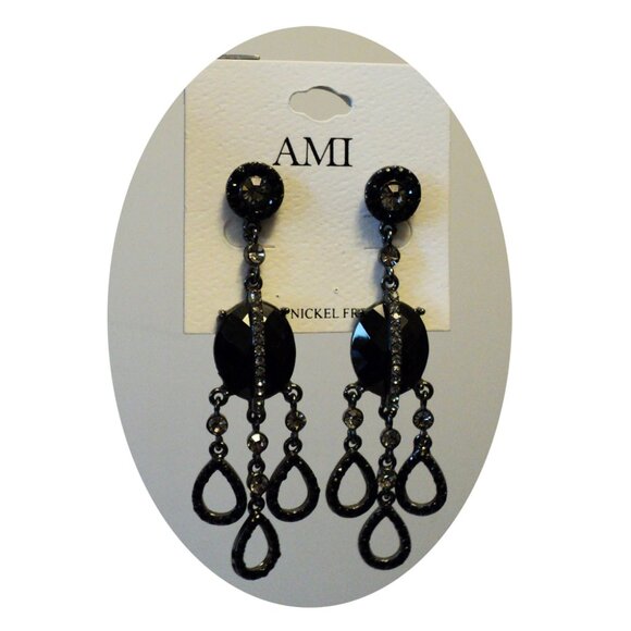 NEW AMI Black Onyx Long Drop Gray Crystal Dangle Earrings Women Jewelry Gifts - Picture 1 of 7